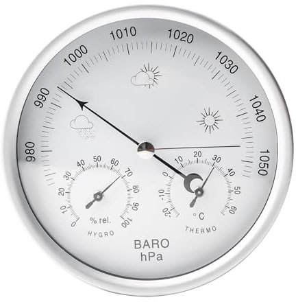 Analoge Wetterstation, 3in1 Barometer, Hygrometer & Thermometer für innen und außen - Ø 13,2cm Edelstahl Rahmen Retro Barometer analog für Klimakontrolle Luftüberwachung
