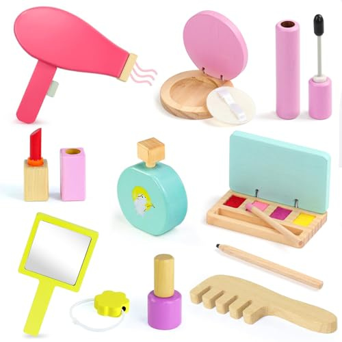 Schminke Kinder Mädchen Schminkkoffer Holz Kinderschminke Set Mädchen,16-teiliges Make-up-Spielzeug für Rollenspiel,Geschenk für Weihnachten Geburtstag für schminktisch Kinder ab 2 3 4 5 6 Jahre