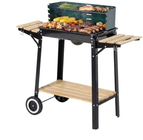 aro Holzkohle Grillwagen, Stahl/Holz, 2 Grillroste und 2 Seitenablagen, Holzgriffen, mit 2 Räder, Windschutz, grün (grün)