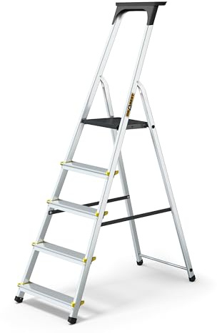 DRABEST Leiter PRO Serie Trittleiter Alu Leiter 5 Stufig Klappbar Stufenleiter mit Ablage Haushaltsleiter Belastbar bis 150 kg Stehleiter