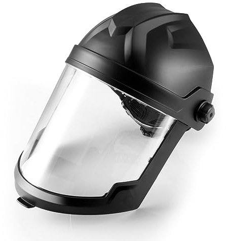 STAHLWERK Gesichtsschutz mit großem Polycarbonat-Schleifvisier und ergonomischem Premium-Kopfband – größenverstellbar, leicht, Schleifhelm für Schleifarbeiten, Schutz vor Splittern & Flüssigkeiten