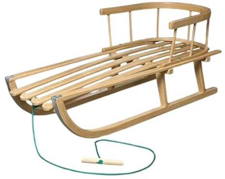 BAS Holzschlitten aus Buchenholz mit Rückenlehne & Zugseil – Klassischer Kinderschlitten mit Metallkufen -Stabiler Rodelschlitten für Kinder - Sicherer Schneeschlitten für Winterspaß