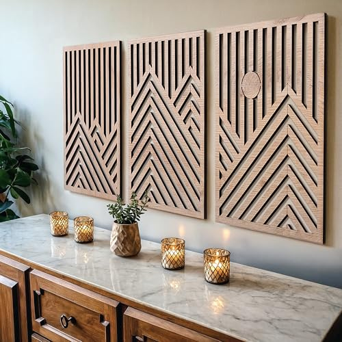 qmmp Moderne Wandskulpturen aus Holz – 3er-Set – Wohnkulturakzent – große Wandkunst für Wohnzimmer, Schlafzimmer, Büro – einfache Installation (Eiche, groß – Berg und Sonne)