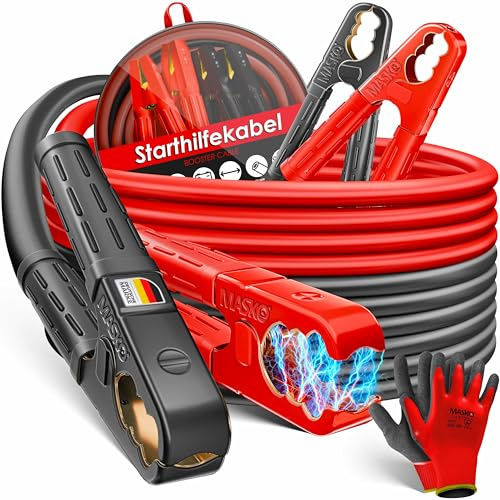 MASKO® Starthilfekabel Überbrückungskabel für Benzin- und Dieselmotoren 12/24 Volt. Auto, Motorrad & LKW Starterkabel aus Kupfer mit 4 vollisolierten Polzangen, Handschuhe & Tasche 2x6m 30mm² 1500Amp