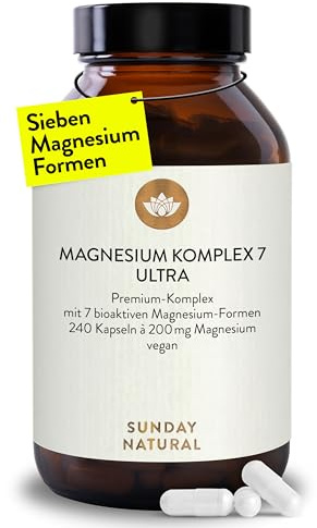 SUNDAY NATURAL® Magnesium Komplex – 240 Kapseln - 400mg pro Tag - aus 7 Verbindungen: Magnesium Bisglycinat, Citrat, Malat, Laktat, Ascorbat, Oxid, Lysinat - Vegan, laborgeprüft