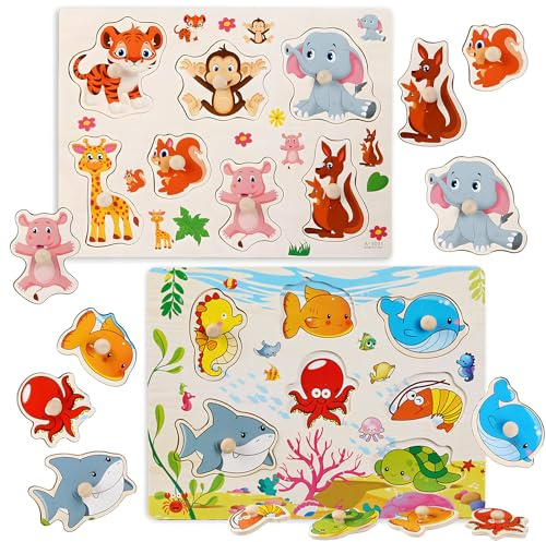 2 Sätze holzpuzzle 3 Jahr，holzpuzzle Kinder，Puzzle ab 1-3 Jahr，holzspielzeug ab 2 Jahr，steckpuzzle Holz ab 1-3 Jahr