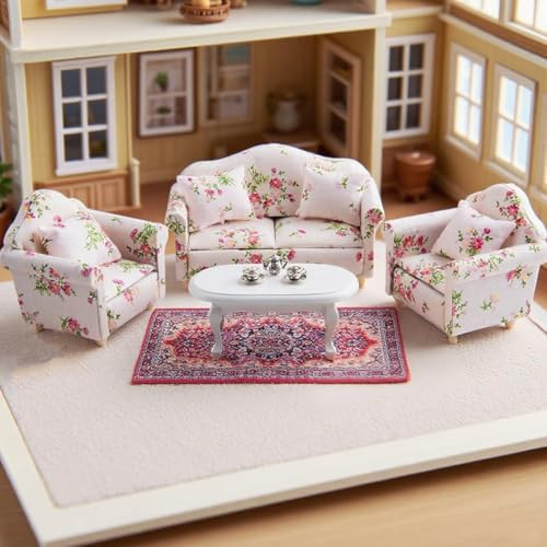 Minamzee 1:12 Puppenhaus Möbel Sofa Set, 16 Teiliges Miniatur Holz Couch mit Kissen, Couchtisch, Teppich Puppenstuben Möbel Zubehör Set für Das Wohnzimme