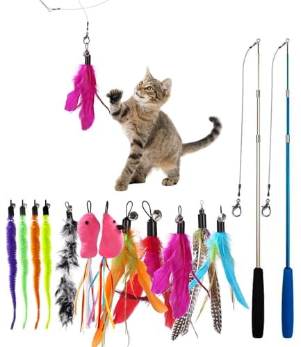 Hixava Katzenangel 14 Stück Katzen Spielzeug mit Federn Interaktives Katzenspielzeug Feder Katzenangel Stabil mit 2 Skalierbar Stangen und 12 Feder Spielzeug mit Glocken für Kätzchen und Katzen