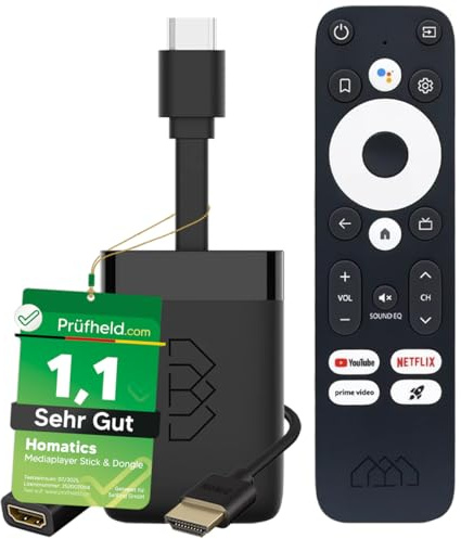 [Test SEHR GUT, Note 1.1 *] Homatics Dongle R 4K UHD | Google & Netflix Zertifiziert | Chromecast Smart Home Steuerung | Android TV Streaming Mediaplayer IP Stick mit NONIC HDMI Verlängerungskabel