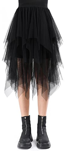 Tüllrock Damen Lang 80CM Elastische Tüll Rock Unregelmäßiges Netz Täglich, Abschlussball, Party(Taillenumfang: 60-78cm, Schwarz)