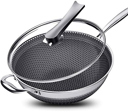 NAWESRVA 34 cm Edelstahl-Wokpfanne mit Deckel, Wabenform, antihaftbeschichtet, für Induktions-, Gas-, Elektro- und Keramikkochfelder, dreilagiger Wok mit kühlbleibendem Griff, PFOA-frei