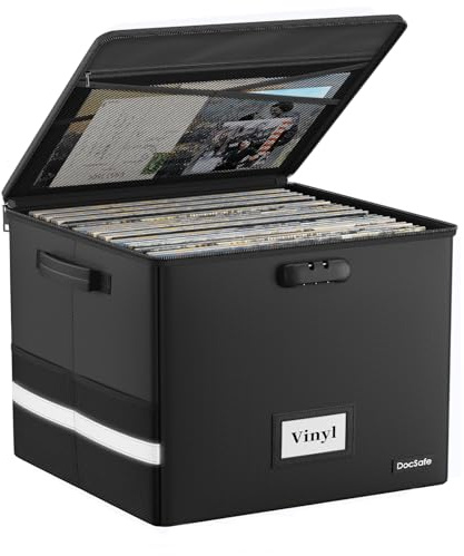 DocSafe Feuerfest Schallplatten Aufbewahrungsbox Vinyl Schallplattenkoffer mit Schloss Plattenkoffer zur 150 Schallplatten,Zusammenklappbare Aufbewahrungskiste für die Aufbewahrung Wertvoller Alben