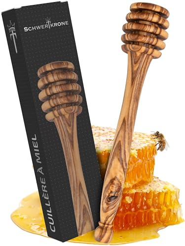 SCHWERTKRONE® Honiglöffel Holz [PREMIUM OLIVENHOLZ]- Holzlöffel Honig - Honig Löggel Geschenkidee Honigliebhaber - Honigspirale Honigstab - Honig Löffel Olive - Honigheber aus Holz (Länge: 15cm)