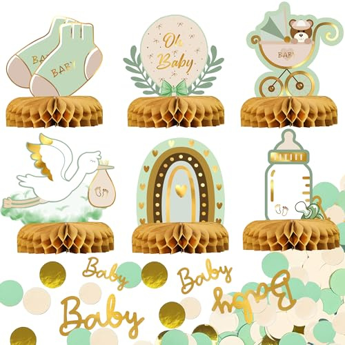 Syoulin Babyparty Deko & Tischdeko, 'Oh Baby'-Motiv, Storch-Geburtsmotiv, Baby-Konfetti und Bienenwaben-Mittelstück als Tischdekoration für Baby Shower, Taufe, Geschlechter-Enthüllungsparty