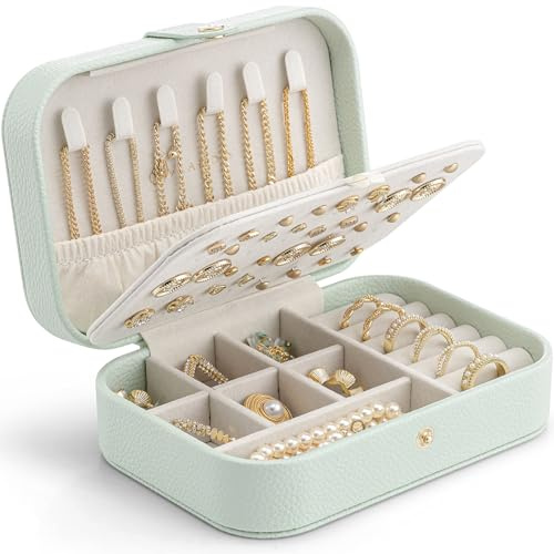 VLANDO Schmuckkästchen Reise, Schmuckaufbewahrung mit Stil Schmuckkasten Klein Schmuck organizer für Ohrringe, Schmuck-Reiseetui Reise, Geschenkidee für Frauen Mädchen, Minzgrün