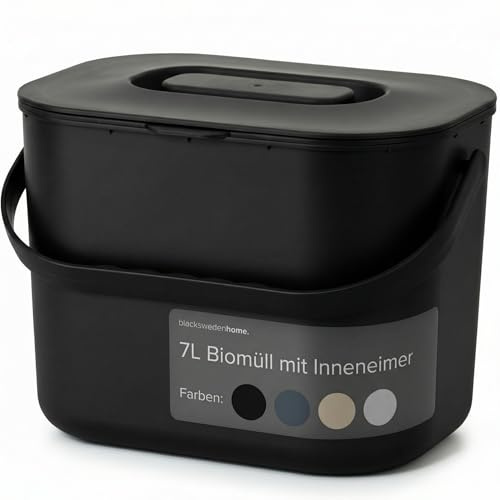 blackswedenhome. Biomülleimer Küche - 7L - Design Komposteimer mit Sieb - Bio-Mülleimer Geruchsdicht - Bio Abfalleimer- Komposter Eimer mit Deckel - Bioabfallbehälter für Küche - Schwarz