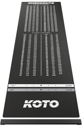 KOTO - Checkout Dartteppich mit Oche, 285x80cm, rutschfeste Rückseite | Polyester Dartmatte, Rückseite aus Gummi, Erhöhtes Oche mit 2 Clips, 4 Abwurflinien, Komplette Checkout Tabelle