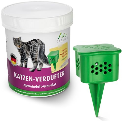GARDIGO Katzenschreck Granulat 300g Eukalyptus Öl Made in Germany | Inklusive Beet-Stecker, Katzenabwehr für Haus und Garten, Katzenvertreiber
