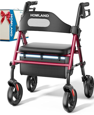 HOMLAND Rollator faltbar und leicht mit Sitz, Rollatoren schmal für Wohnung mit 20 cm All-Terrain-Reifen, Rollatoren für Senioren mit höhenverstellbarem Sitz und Griff, belastbar bis 159 kg, Rot
