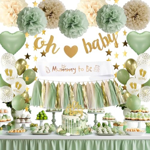Babyparty Deko Junge Mädchen, Baby Shower Deko, Grüne Gold Baby Party Dekoration Neutral, Gender Reveal Party, Oh Baby Deko, Luftballons Girlande für Boy or Girl Deko