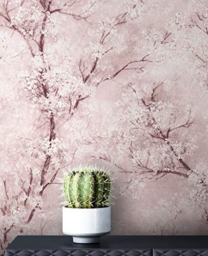 NEWROOM Tapete Rosa Vliestapete Leicht Glänzend - Blumentapete Floral Weiß Grau Baum Blätter Mustertapete Modern Natur inkl. Tapezier-Ratgeber