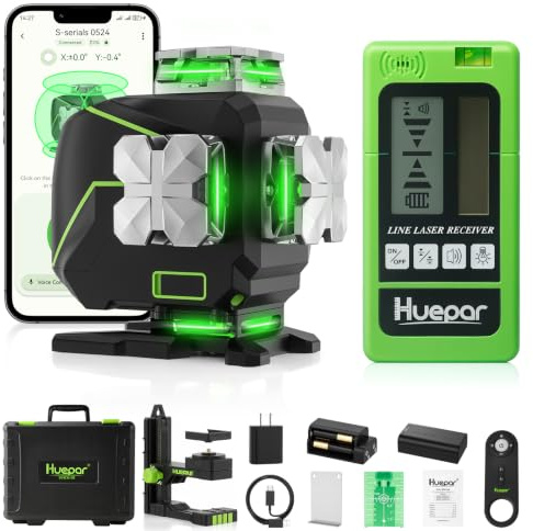Huepar 4x360° Kreuzlinienlaser mit Empfänger 16 Linien mit LCD, S04-5RG | Selbstnivellierender, LCD-Bildschirm, 4D Bluetooth Grüner Strahl Fliesenbodenlaser, 360° Horizontaler/Vertikaler Laser