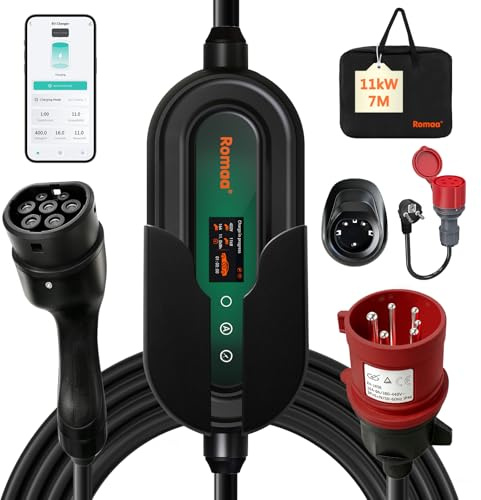 Mobile Wallbox 11kW mit App, [3-Phasig, 7m, 8-16A] Einstellbarer Ladegerät mit FI Schutzschalter, CEE 16A auf Typ 2 Ladekabel, Tragbare EV Charger mit Schuko Adapter, IP66 Wandmontage Ladestation