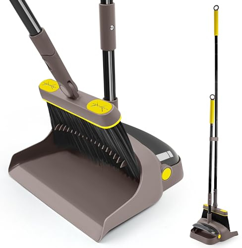 JEHONN Besen und Kehrschaufel Set mit Langem Stiel 138CM, 180 Grad Drehen Kehrbesen, Öffnende Schaufel Schwanz, Broom and Dustpan für Haus, Büro, Lobbykehr (Braun Gelb)