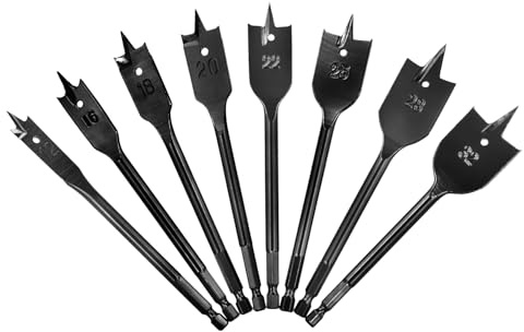 QWORK® 8 Stücke Flachfräsbohrer Set, 12-32 mm Flacher Holzbohrer mit 1/4 Zoll Sechskantschaft, Spatenbohrer aus Karbonstahl mit Tragbarem Koffer
