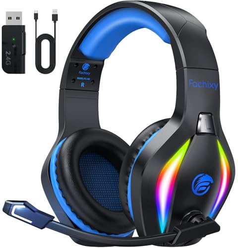 Fachixy FC100 Headset mit Mikrofon, 2,4G Wireless Gaming Headset für PS5, PS4, PC, Switch, Mac, Surround Sound Bluetooth Gaming Kopfhörer kabellos mit LED Licht, Über 50 Stunden Akkulaufzeit