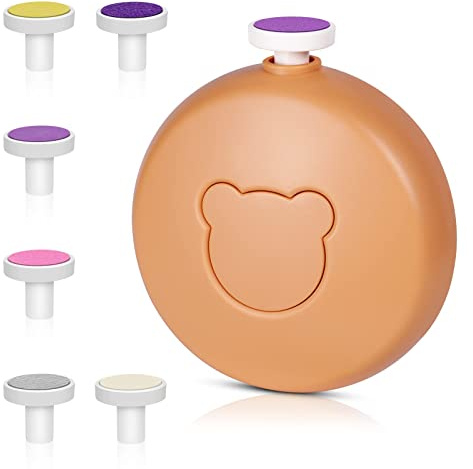 Vicloon Elektrische Baby Nagelfeile, 6 in 1 Elektrische Nagelfeile für Neugeborene Set, Leise und Sicherer Baby-Nagelschneider，Nagelpflege für Babys, Geschenk für Neugeborene-BärStilOrange