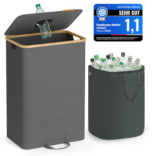 SONGMICS Pfandflaschen-Sammelbehälter, 95 L, Flaschensammler Leergut | Recycling-Behälter, mit Loch, Deckel, Innensack mit Griffen, Küche, schiefergrau‑naturbeige, ROXANNE Kollektion RRB509G01