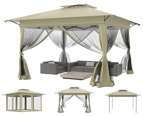 Aufun Gartenpavillon Pop Up Pavillon 4x4m, UV-Schutz & Mückenschutz, Stabiler Faltpavillon Höhenverstellbar, Gartenzelt mit 4 Moskitonetz-Seitenteilen & Doppeldach, Partyzelt inkl. Tragetasche, Khaki