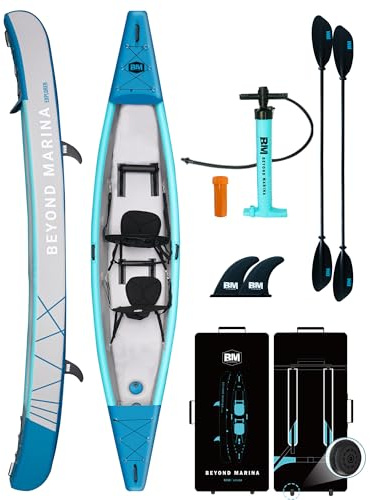 BEYOND MARINA aufblasbares Kajak für 2 Personen, Drop-Stitch Tandem Kayak Set für Erwachsene mit Paddeln, Sitzen, Pumpe, Finne & Tragetasche, robust & vielseitig, 420x81x50 cm