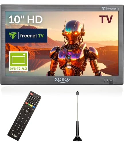 Xoro PTL 1050 V2 - 10.1 Tragbarer DVB-T/T2 Fernseher, Irdeto-Entschlüsselungssystem (inkl. 6 Monate freenet TV Guthaben), aktive Antenne, Akku, 12/24V Betrieb, grau