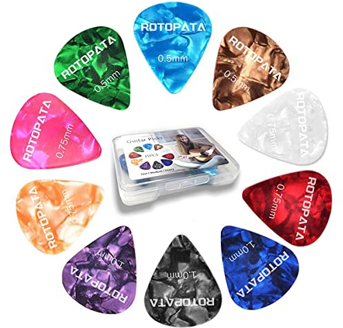 Gitarren Plektren Set 15 Stück mit Box – Bunte Celluloid Plektren 0,5/0,75/1,0 mm Thin Medium Heavy – Plektrum Set für Akustikgitarre, E-Gitarre, Bass & Ukulele