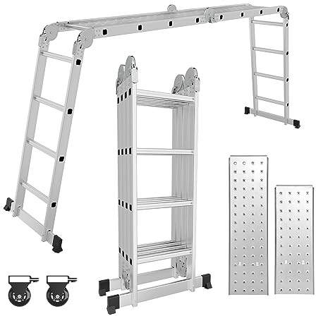 Yakimz 4,7M Mehrzweckleiter Aluminium mit plattform 4x4 Klappleiter Multifunktionsleiter bis 150 kg, Arbeitsleiter Anlegeleiter Steigleiter Haushaltsleiter mit 2 Rollen, Silber