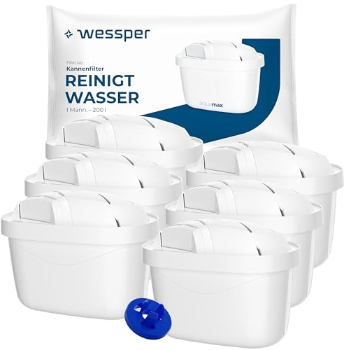 Wessper Wasserfilter Kartusche, Filter mit Aktivkohle und Ionenaustauscherharz, Zusätzlicher PIN Kompatibel mit Brita-Kanne, Ersatzfilter für Kanne von Dafi, Wessper, Aquaphor, Philips - 6 Stück
