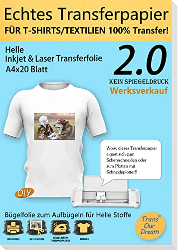 TransOurDream A4X20 Echte Inkjet/Laser T-Shirt Transferpapier | 2 A3 Silikonpapier,Transferfolie Bügelfolie, für helle Textilien Transferfolie Bügelfolie,transfer paper
