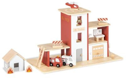 PINOLINO Feuerwache Ben mit Zubehör, aus Holz, 12-tlg, mit Garage, Rutschstange und abrollbarem Schlauch, klar und bunt lackiert, Rot