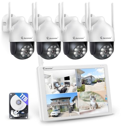 Jennov Überwachungskamera Set Aussen WLAN mit 10''Monitor 10CH Wireless NVR | 4 Pcs 5MP 360° PTZ WiFi Kameras mit 2 Wege Audio, Spotlight Alarm, Farbe Nachtsicht, Automatische Verfolgung, 1TB HDD