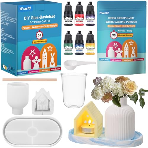 Wvasfd Gießpulver Starterset, 1000g Gießpulver weiß, 6 Farbpigmente, 3 Silikonformen Gießformen, 30 Minuten Entformt, Gips zum Gießen Set für DIY Gießpulver Bastelset