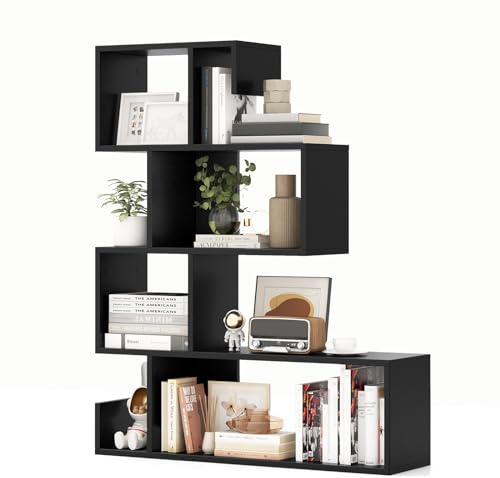 COSTWAY Bücherregal mit 4 Ebenen, Raumteiler Regal, Treppenregal, Standregal, freistehend, Stufenregal aus Holz, für Wohnzimmer, Schlafzimmer, Büro, 80 x 22 x 100 cm (Schwarz)