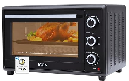 ICQN 50L Minibackofen mit Umluft, 1800 W, Innenbeleuchtung, 5 Kochfunktionen, 60 Min Timer, inkl. Backblech Set, Mini-Öfen