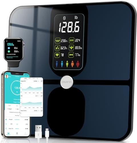 CHWARES Körperfettwaage Waage Personen, Waage mit Körperfett und Muskelmasse, Personenwaage Digital mit Körperfettanalyse, Großes Display Körperwaage mit 15 Körpermaße, Max 400lb, Schwarz