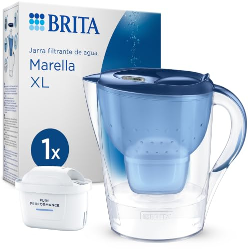 BRITA Wasserfilter-Kanne MAXTRA Marella XL, 1x Pure Performance Kartusche | Blau (3,5l) Kanne mit großem Volumen, Filterwechselanzeige, Klappdeckel, Filterkartusche reduziert PFAS, Kalk, Metalle & mehr