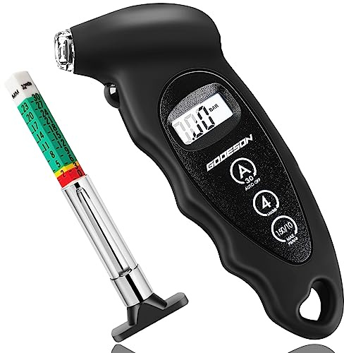 GODESON Digitaler Reifendruckprüfer 150 PSI 10 Bar mit 4-Einstellungen und Profiltiefenmesser für Reifen,Autozubehör mit hinterleuchtetem LCD,Luftdruckprüfer Geeignet für Autos,LKW, Fahrräder