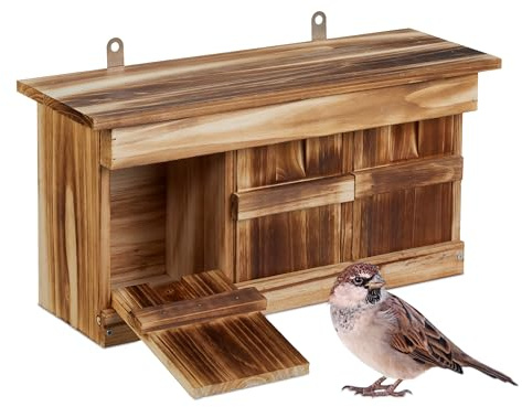 Relaxdays Nistkasten für Spatzen, 3 Brutkammern, Tannenholz, Einflugspalt HxB: 3x2 cm, Vogelhaus zum Aufhängen, Farbwahl
