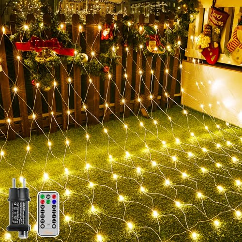 Ollny Lichternetz Außen 3 x 2 m, 200 LED Warmweiß, Fernbedienung, Timer | Lichterkette außen Netz mit 8 Modi, Wasserdicht Lichternetz Innen für Büsche, Garten, Balkon und Zimmer