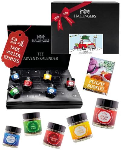Hallingers Genuss Manufaktur Tee Adventskalender-Set - 24 Sorten premium loser Tee Probierset in edler Box mit Rezept-Booklet Christmas Car, Weihnachtskalender für Frauen Männer